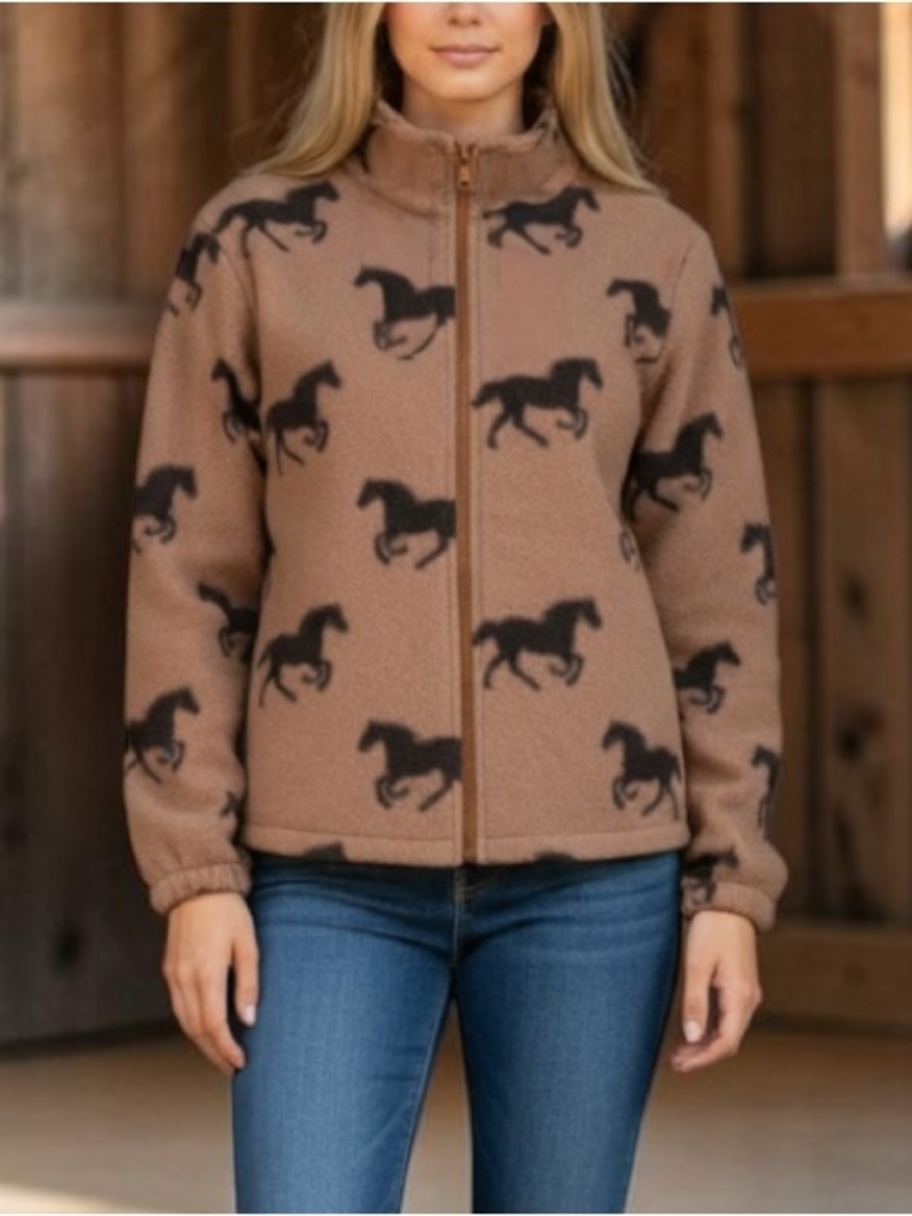 Equestrian Horse Print Fleece Jacket Zip Front Size Medium NWT